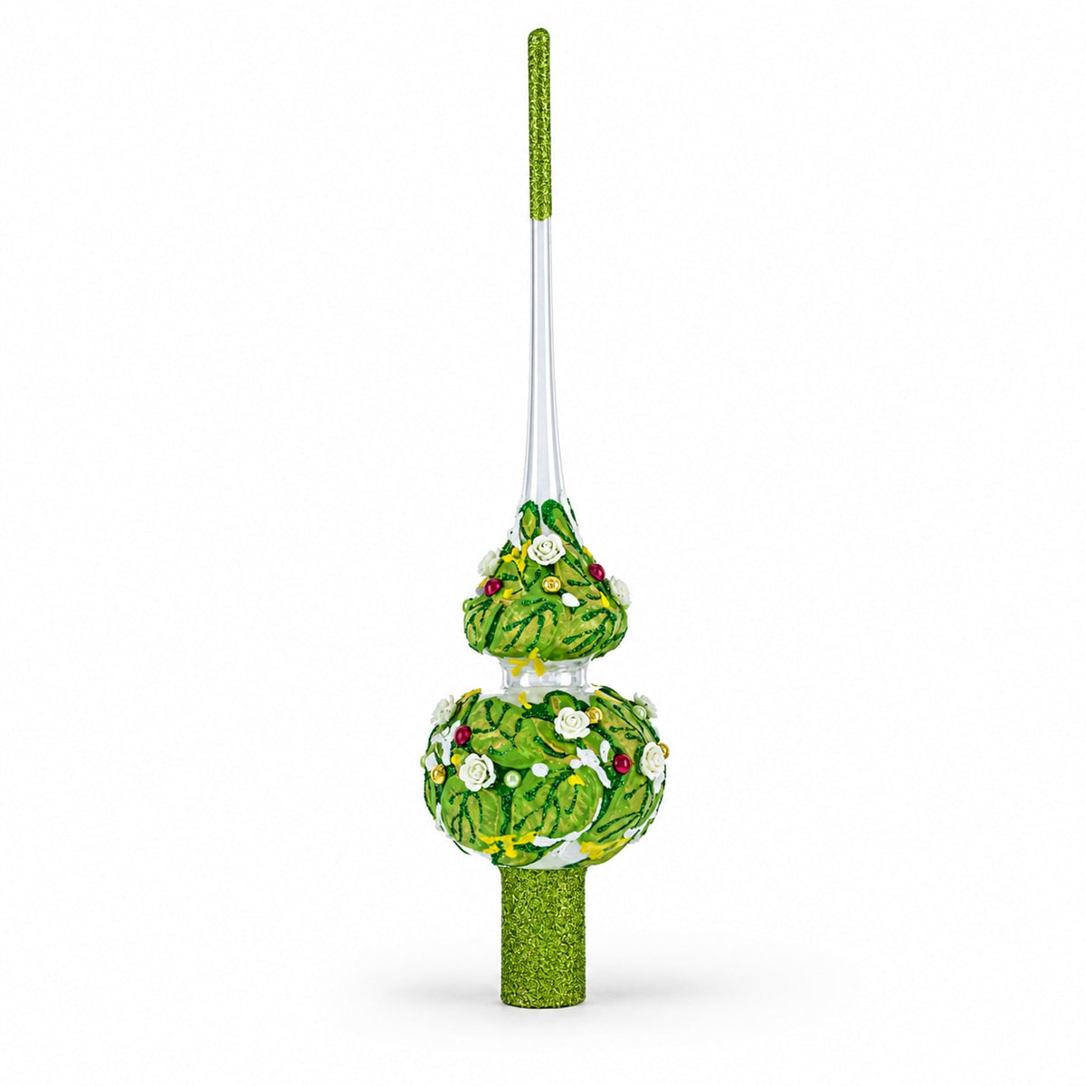 Dimensional White Roses on Green Leaves Glass Christmas Tree Topper 11 Inches