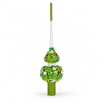 Dimensional White Roses on Green Leaves Glass Christmas Tree Topper 11 Inches