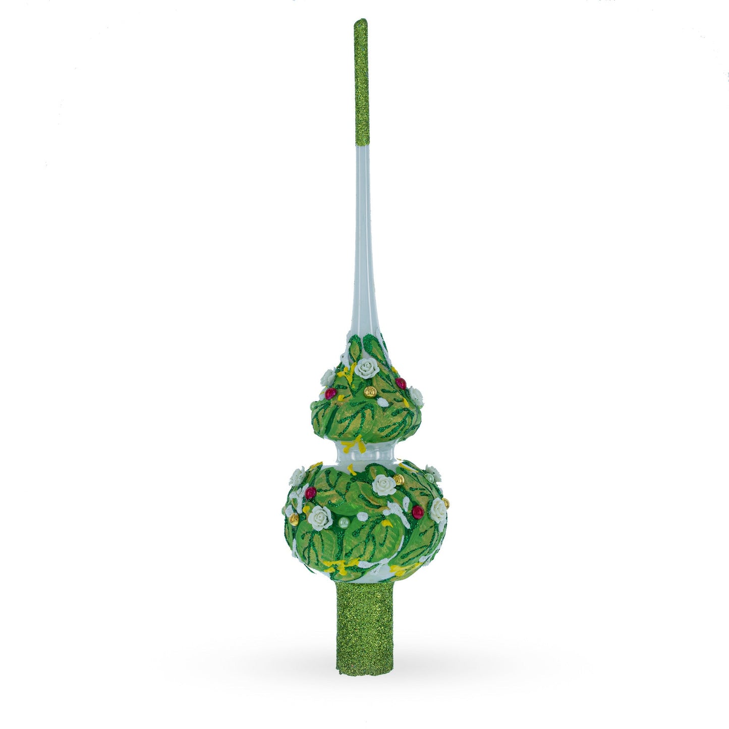 Dimensional White Roses on Green Leaves Glass Christmas Tree Topper 11 Inches