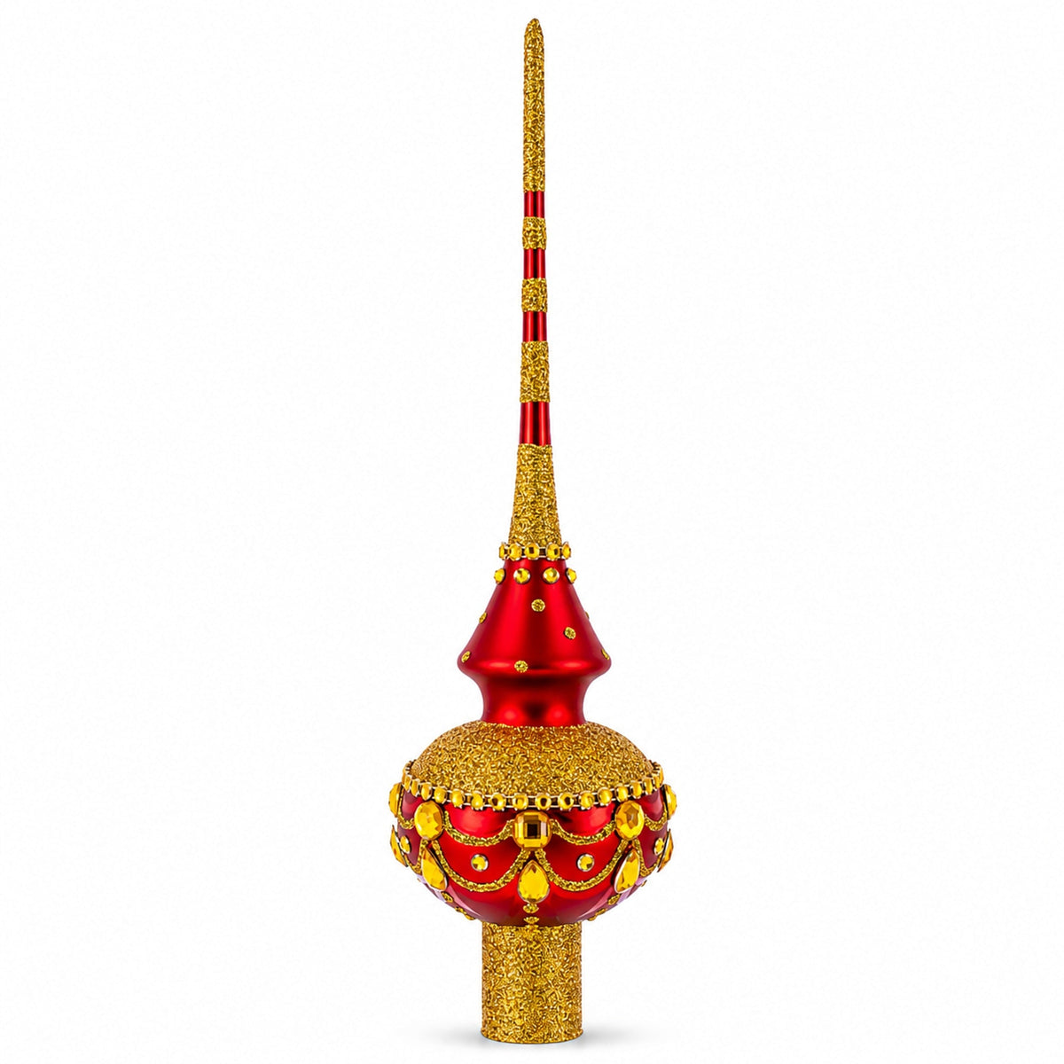 Dimensional Golden Jewels on Red Glass Christmas Tree Topper 11 Inches