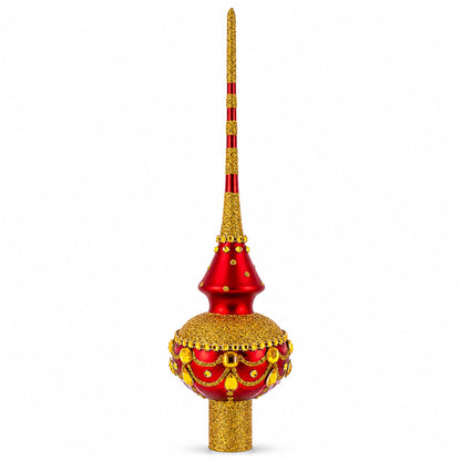 Dimensional Golden Jewels on Red Glass Christmas Tree Topper 11 Inches