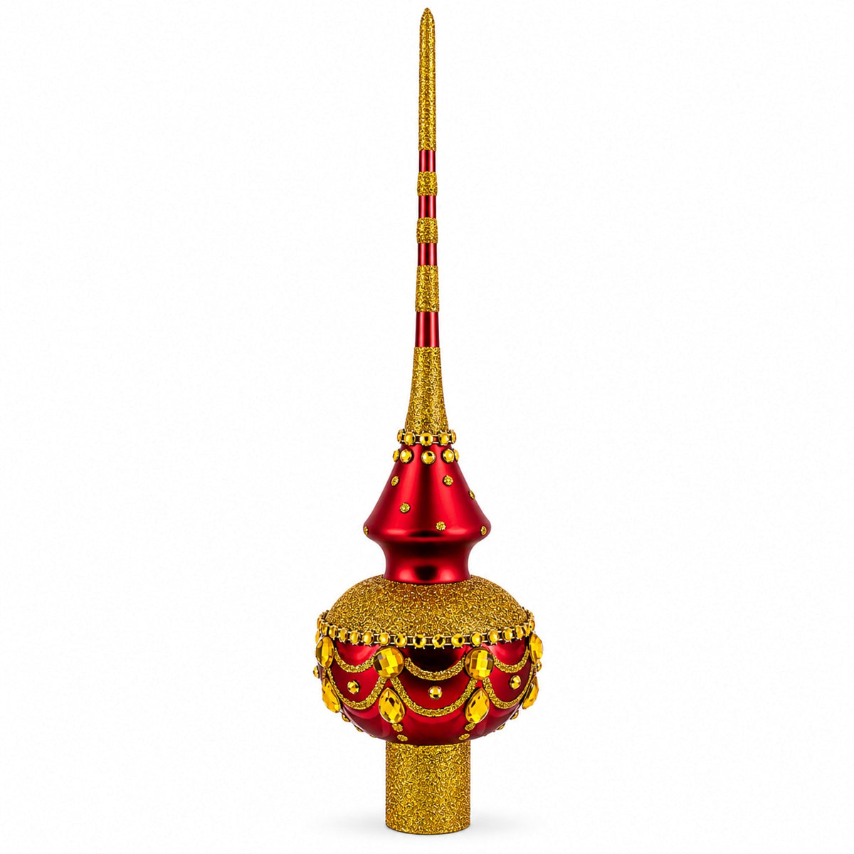 Dimensional Golden Jewels on Red Glass Christmas Tree Topper 11 Inches