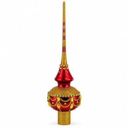Dimensional Golden Jewels on Red Glass Christmas Tree Topper 11 Inches