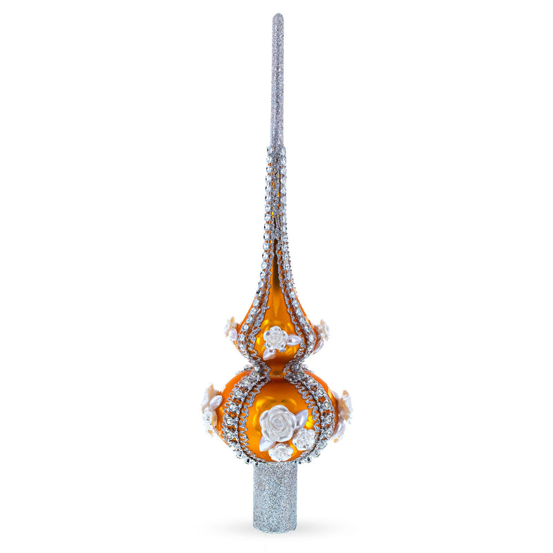 Dimensional Pearl Roses on Gold Glass Christmas Tree Topper 11 Inches