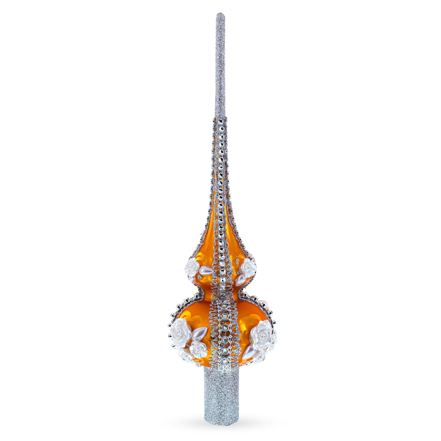 Dimensional Pearl Roses on Gold Glass Christmas Tree Topper 11 Inches