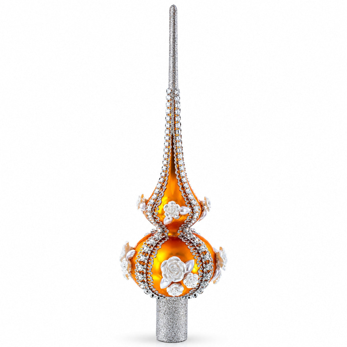 Dimensional Pearl Roses on Gold Glass Christmas Tree Topper 11 Inches