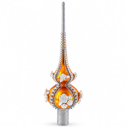 Dimensional Pearl Roses on Gold Glass Christmas Tree Topper 11 Inches