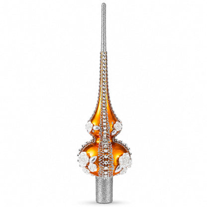 Dimensional Pearl Roses on Gold Glass Christmas Tree Topper 11 Inches