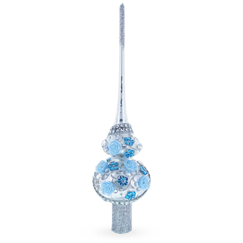 Dimensional Blue Roses and Flowers on Silver Glass Christmas Tree Topper 11 Inches
