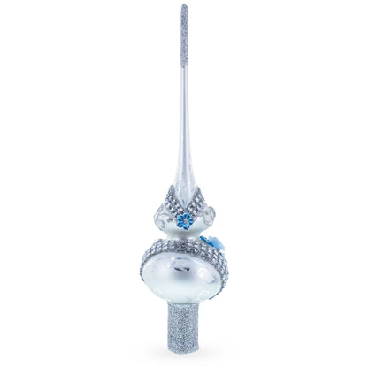 Dimensional Blue Roses and Flowers on Silver Glass Christmas Tree Topper 11 Inches