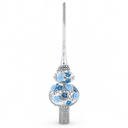 Dimensional Blue Roses and Flowers on Silver Glass Christmas Tree Topper 11 Inches
