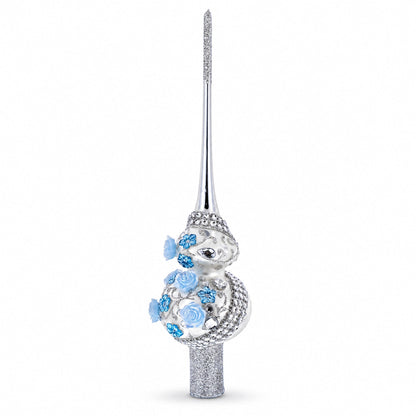 Dimensional Blue Roses and Flowers on Silver Glass Christmas Tree Topper 11 Inches