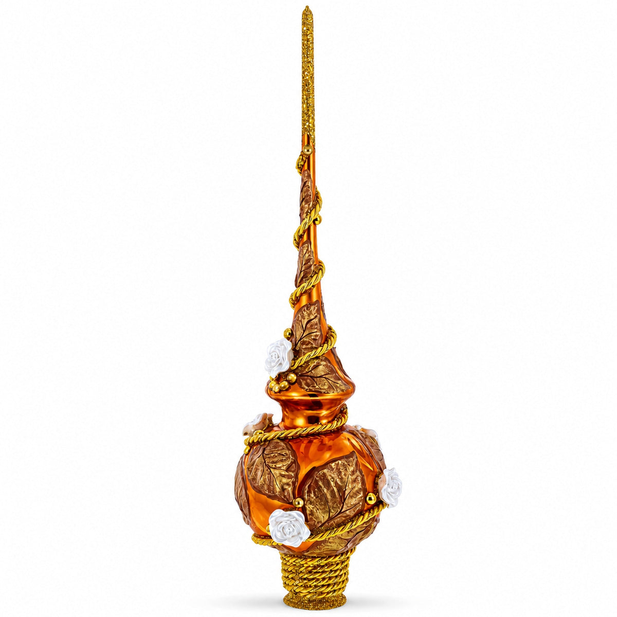 White Roses with Golden Leaves on Gold Glass Christmas Tree Topper 11 Inches
