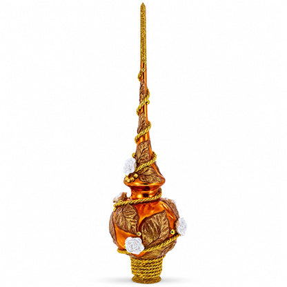 White Roses with Golden Leaves on Gold Glass Christmas Tree Topper 11 Inches
