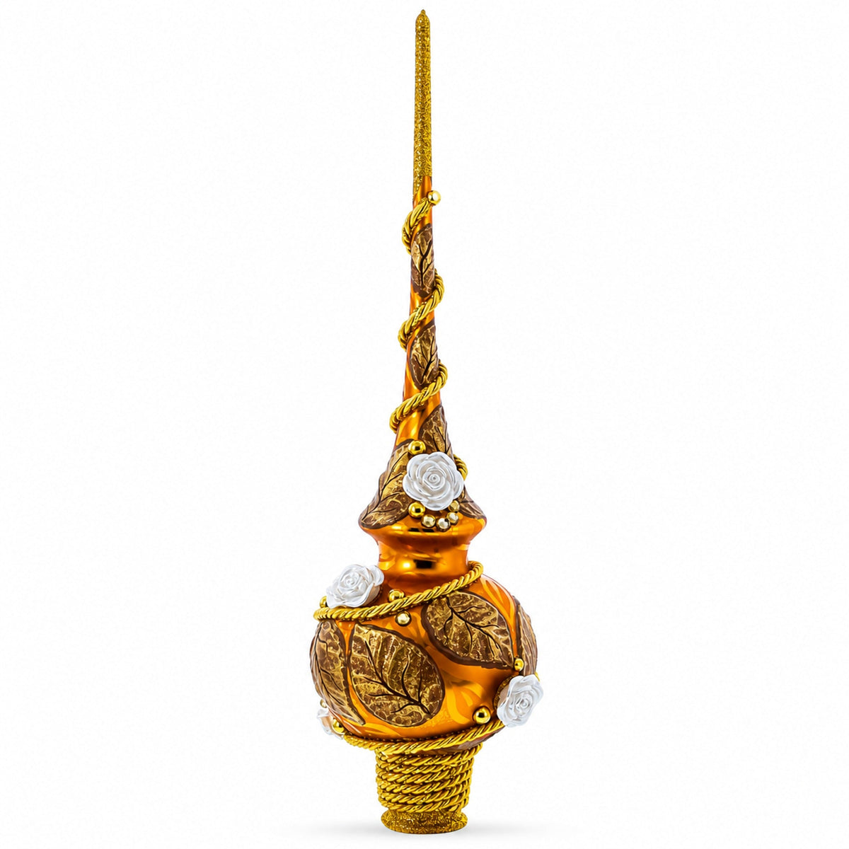 White Roses with Golden Leaves on Gold Glass Christmas Tree Topper 11 Inches