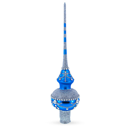 White Jewels and Silver on Blue Glass Christmas Tree Topper 11 Inches