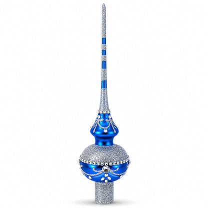 White Jewels and Silver on Blue Glass Christmas Tree Topper 11 Inches