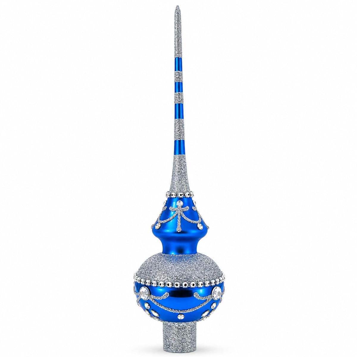 White Jewels and Silver on Blue Glass Christmas Tree Topper 11 Inches