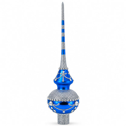 White Jewels and Silver on Blue Glass Christmas Tree Topper 11 Inches
