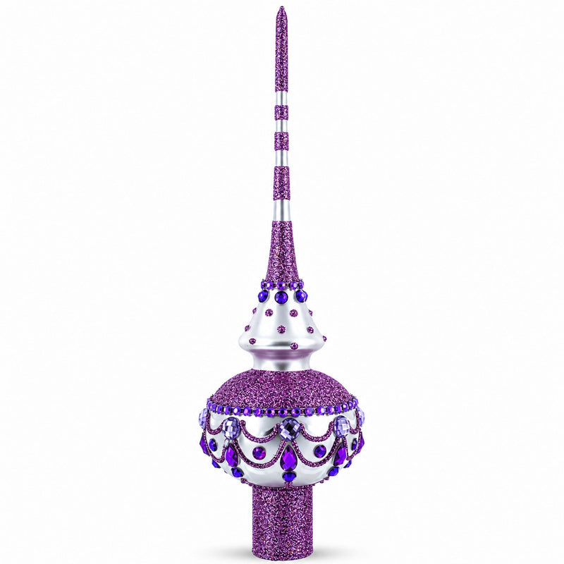 Jeweled Purple Chandelier on White Glass Christmas Tree Topper 11 Inches