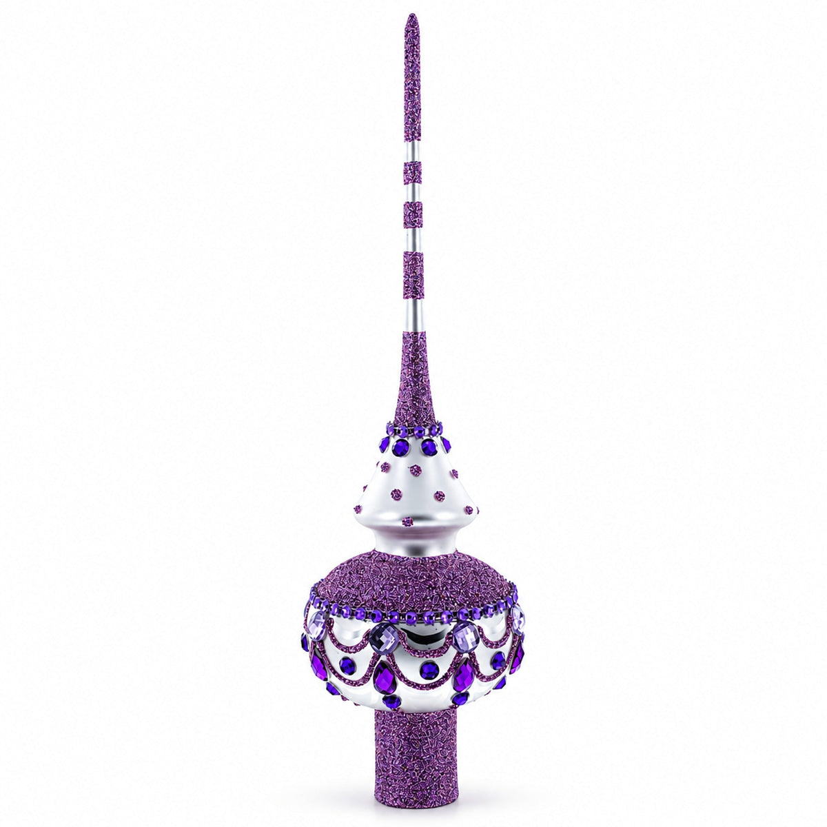Jeweled Purple Chandelier on White Glass Christmas Tree Topper 11 Inches