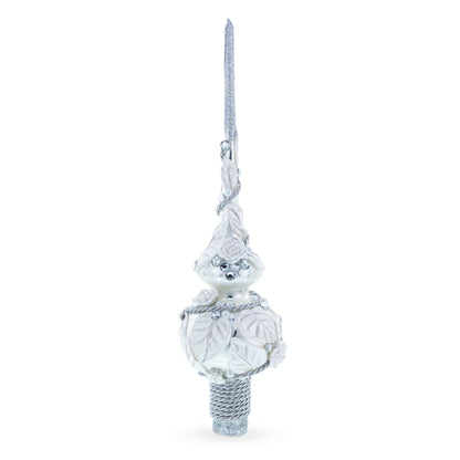 White Roses with Leaves on White Glass Christmas Tree Topper 11 Inches