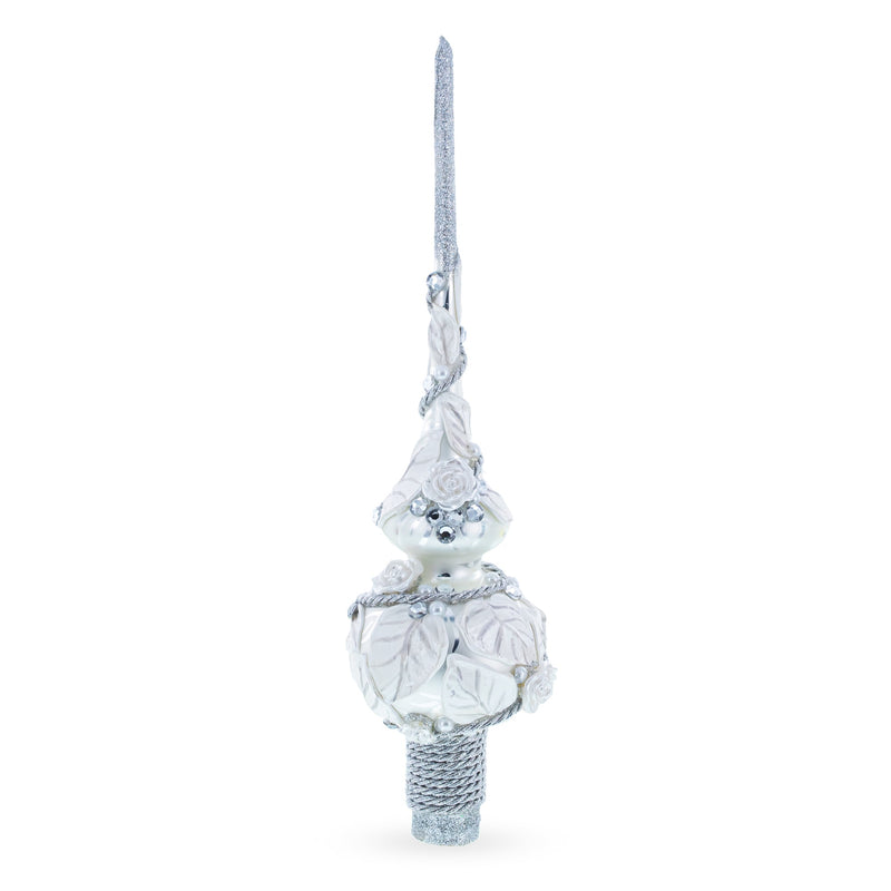White Roses with Leaves on White Glass Christmas Tree Topper 11 Inches