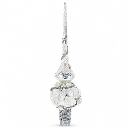 White Roses with Leaves on White Glass Christmas Tree Topper 11 Inches
