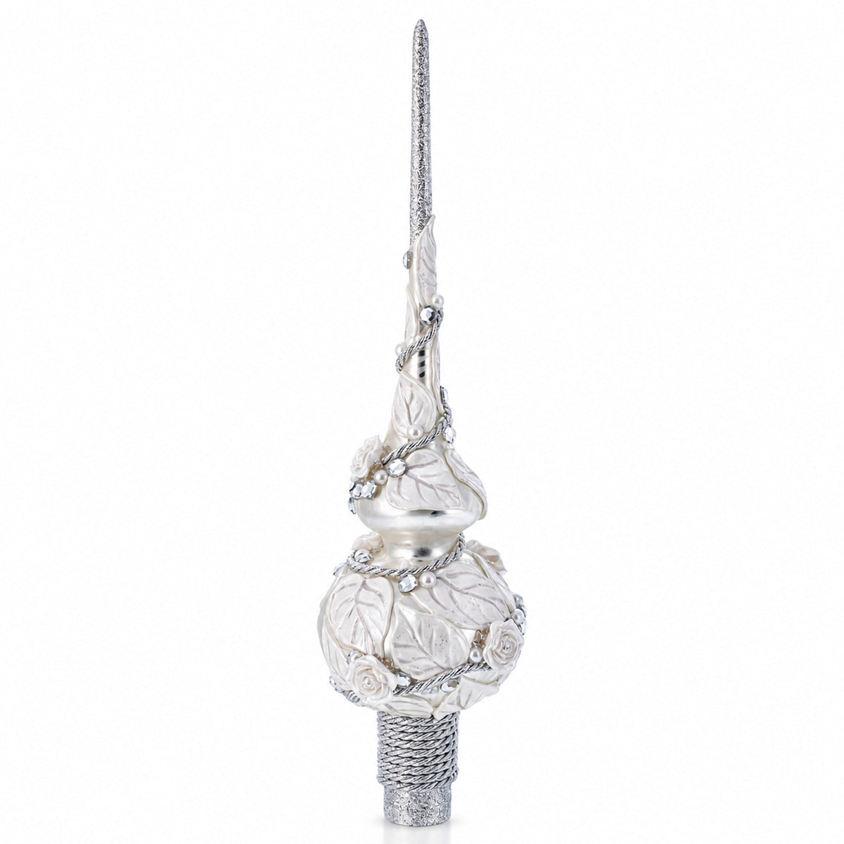 White Roses with Leaves on White Glass Christmas Tree Topper 11 Inches