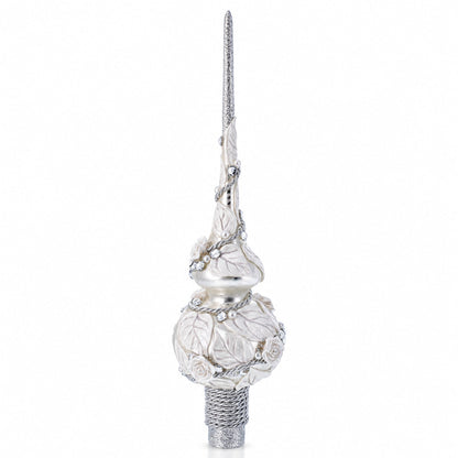 White Roses with Leaves on White Glass Christmas Tree Topper 11 Inches