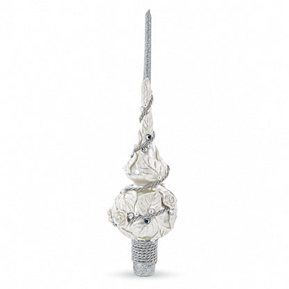 White Roses with Leaves on White Glass Christmas Tree Topper 11 Inches