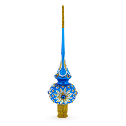 White Daisies on Blue Glass Christmas Tree Topper 11 Inches