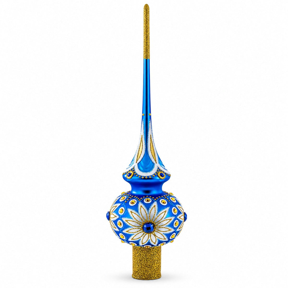 White Daisies on Blue Glass Christmas Tree Topper 11 Inches
