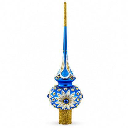 White Daisies on Blue Glass Christmas Tree Topper 11 Inches