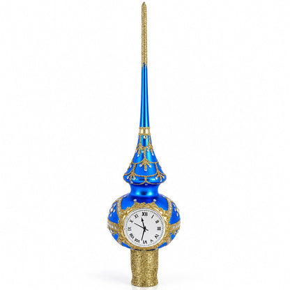 White Dial Clock on Blue and Gold Glass Christmas Tree Topper 11 Inches