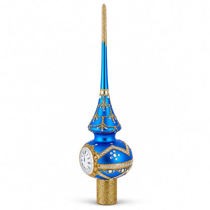 White Dial Clock on Blue and Gold Glass Christmas Tree Topper 11 Inches