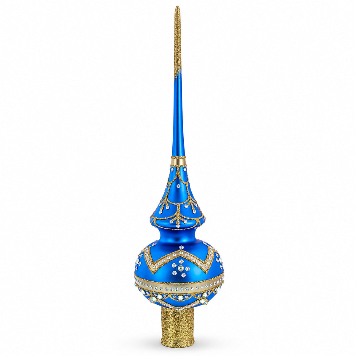 White Dial Clock on Blue and Gold Glass Christmas Tree Topper 11 Inches