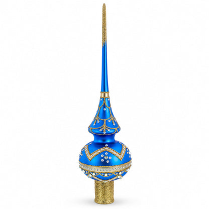 White Dial Clock on Blue and Gold Glass Christmas Tree Topper 11 Inches
