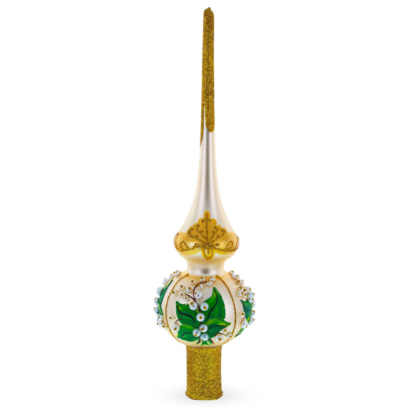 Lily of the Valley Flowers on Beige Glass Christmas Tree Topper 11 Inches
