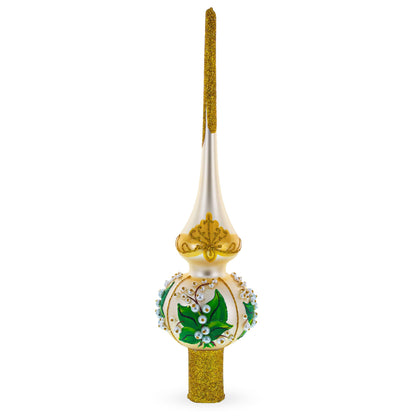 Lily of the Valley Flowers on Beige Glass Christmas Tree Topper 11 Inches