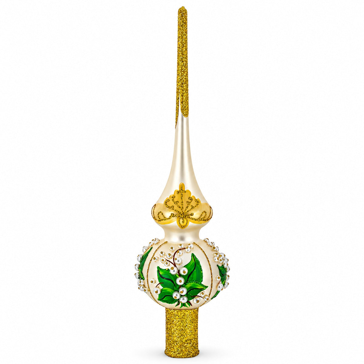Lily of the Valley Flowers on Beige Glass Christmas Tree Topper 11 Inches