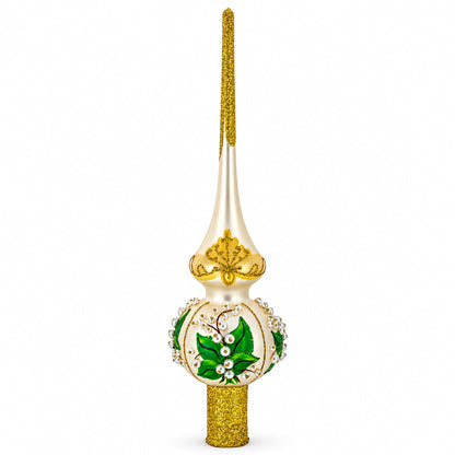 Lily of the Valley Flowers on Beige Glass Christmas Tree Topper 11 Inches