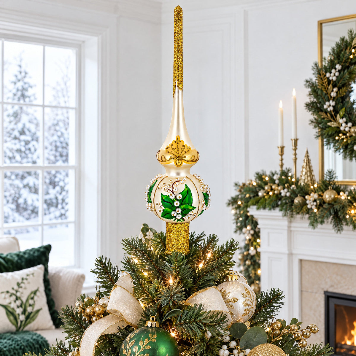 Lily of the Valley Flowers on Beige Glass Christmas Tree Topper 11 Inches