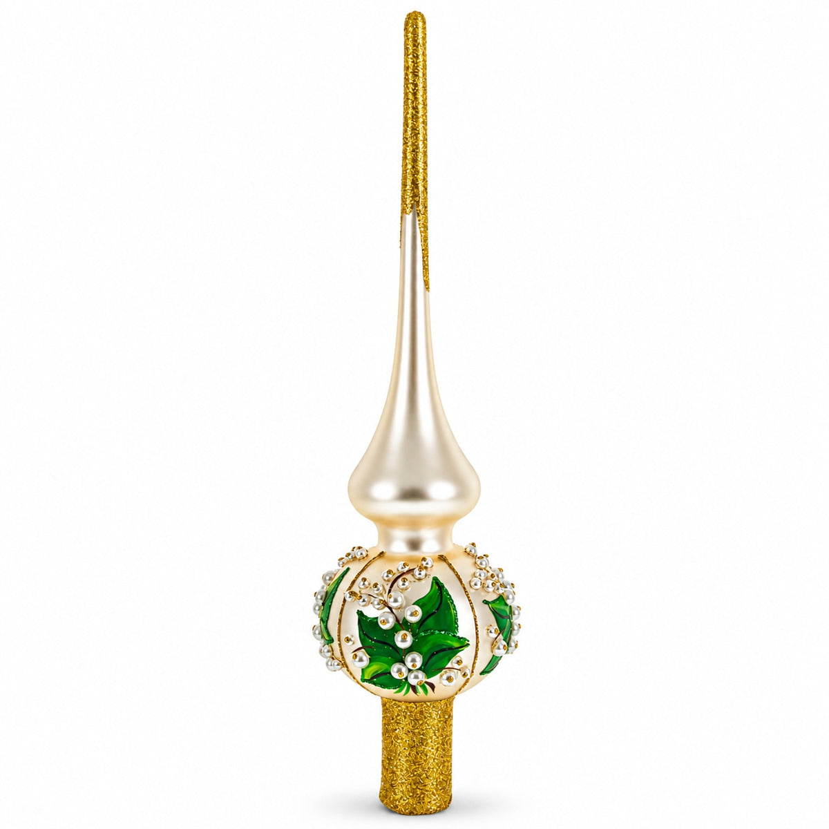 Lily of the Valley Flowers on Beige Glass Christmas Tree Topper 11 Inches