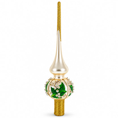 Lily of the Valley Flowers on Beige Glass Christmas Tree Topper 11 Inches