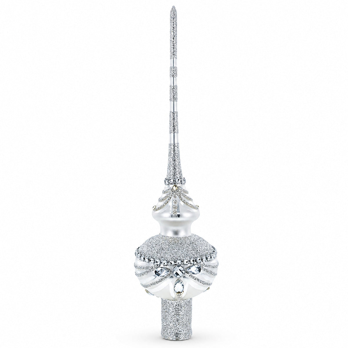 Dimensional White Jewels on White Glass Christmas Tree Topper 11 Inches