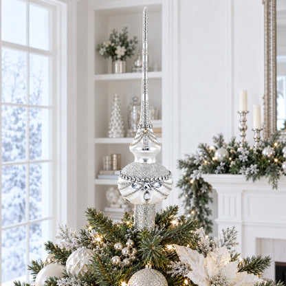 Dimensional White Jewels on White Glass Christmas Tree Topper 11 Inches