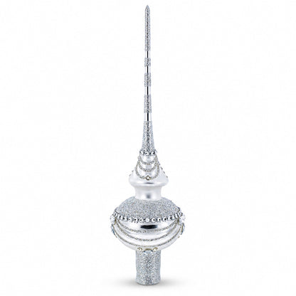 Dimensional White Jewels on White Glass Christmas Tree Topper 11 Inches