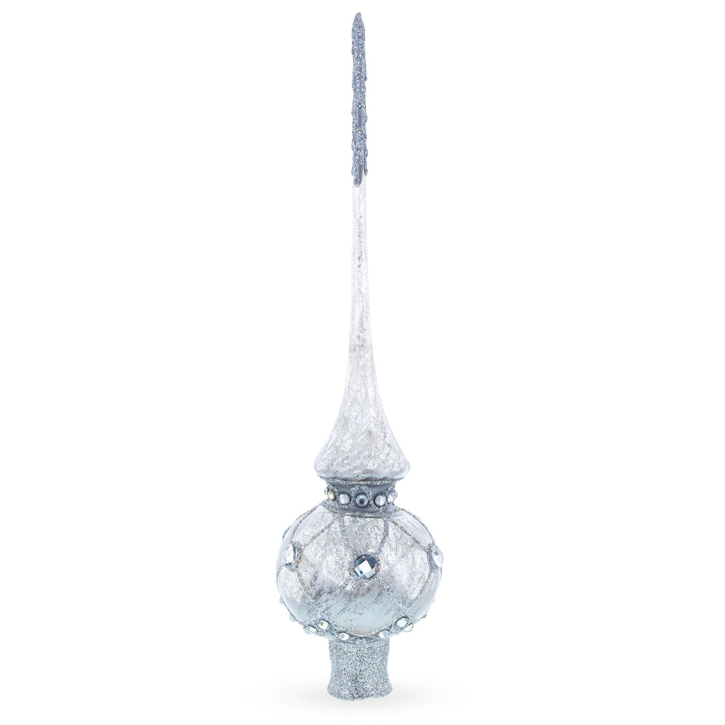Dimensional White Jewels on Speckled Silver Glass Christmas Tree Topper 11 Inches