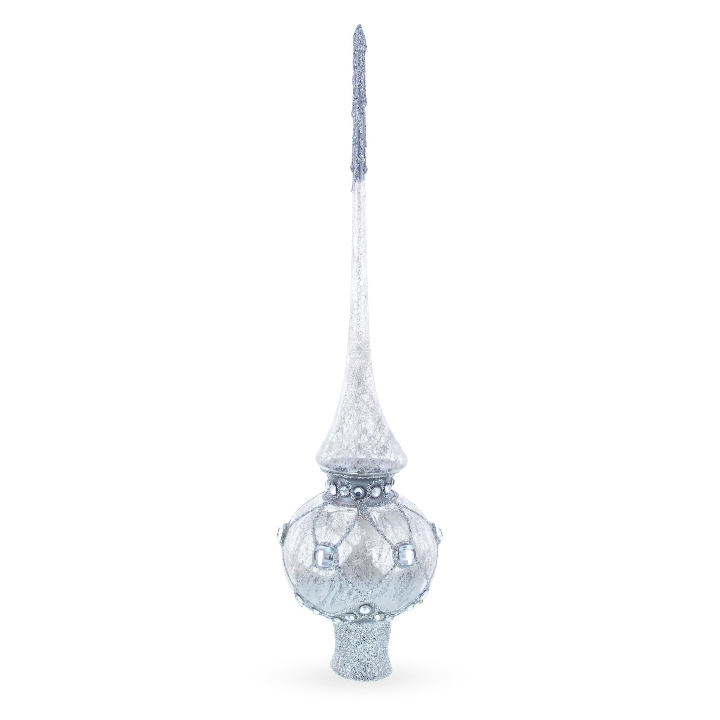 Dimensional White Jewels on Speckled Silver Glass Christmas Tree Topper 11 Inches